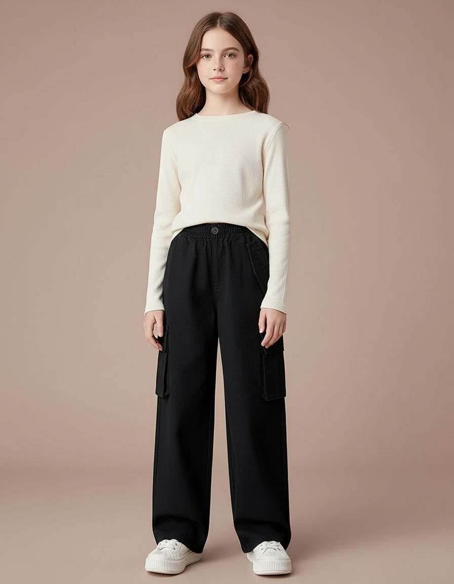 Pantalon Noir Cargo Fille Ample Décontracté Poches - Toile