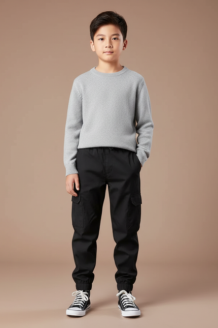 Pantalon Noir Cargo Enfant Décontracté Multi-poches - Toile