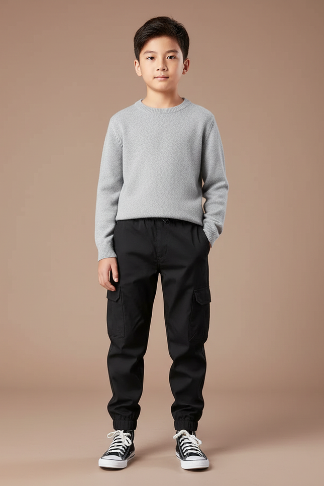 Pantalon Noir Cargo Enfant Décontracté Multi-poches - Toile