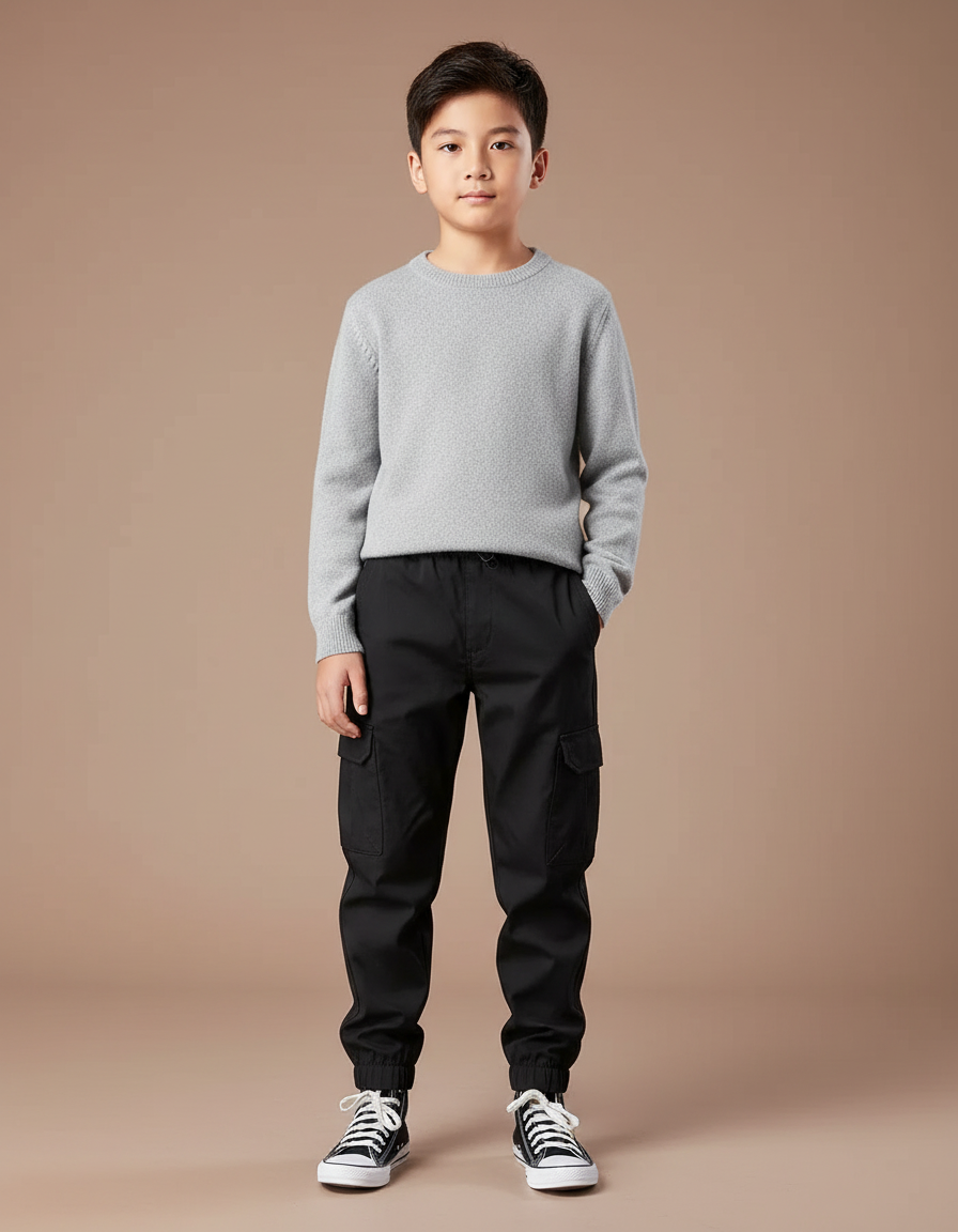 Pantalon Noir Cargo Enfant Décontracté Multi-poches - Toile