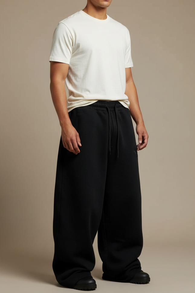 Pantalon Noir Ample Décontracté Cordon Sportif - Molleton