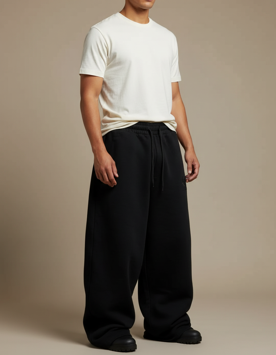 Pantalon Noir Ample Décontracté Cordon Sportif - Molleton