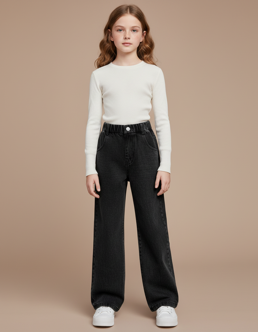 Pantalon Noir Jean Large Élastique Fille