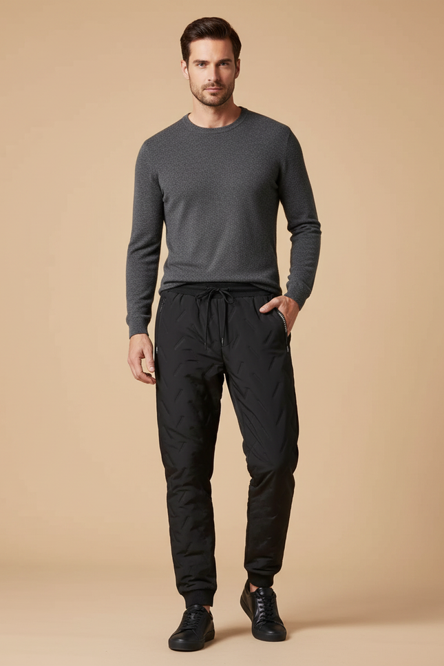 Pantalon Noir Matelassé, Décontracté, Motif Géométrique, Homme - Polyester