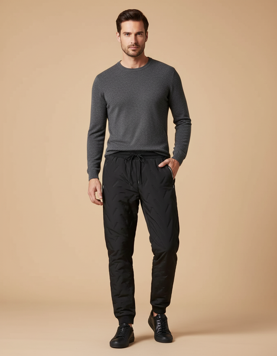 Pantalon Noir Matelassé, Décontracté, Motif Géométrique, Homme - Polyester