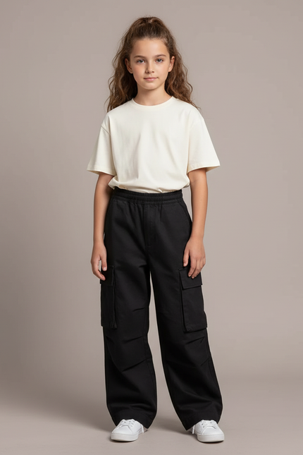 Pantalon Noir Fille Cargo Ample Streetwear Décontracté - Toile