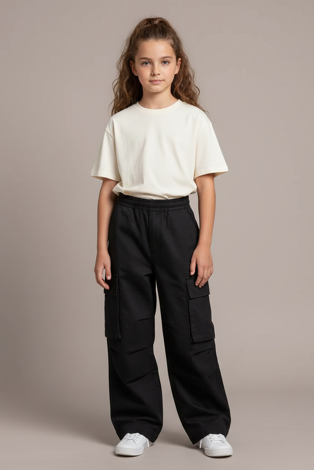 Pantalon Noir Fille Cargo Ample Streetwear Décontracté - Toile