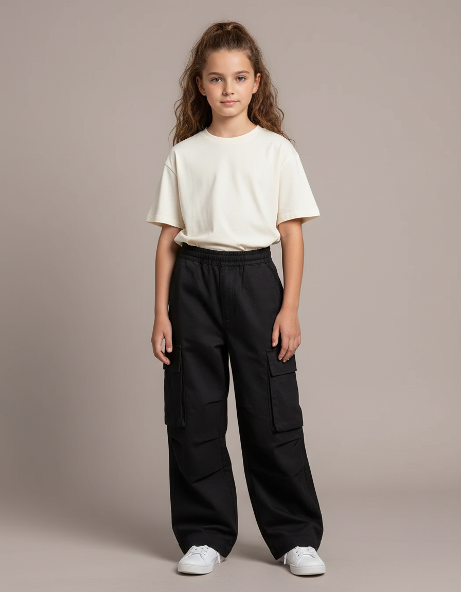 Pantalon Noir Fille Cargo Ample Streetwear Décontracté - Toile