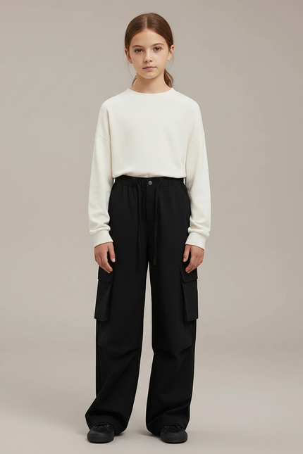 Pantalon Noir Cargo Cordon Ample Décontracté - Polyester