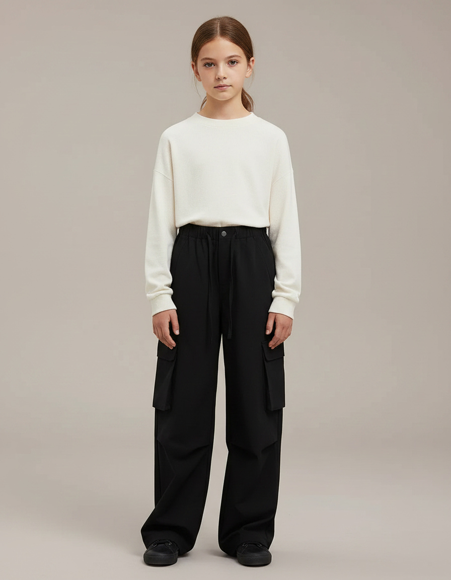 Pantalon Noir Cargo Cordon Ample Décontracté - Polyester