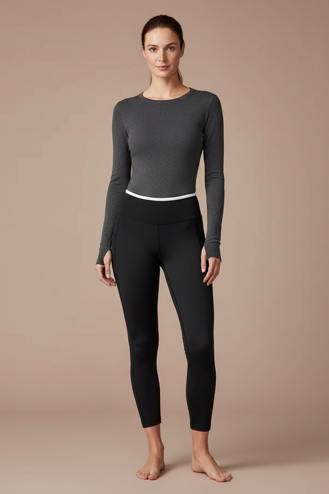 Pantalon Noir Legging Sport Yoga Gainant Court - Polyester