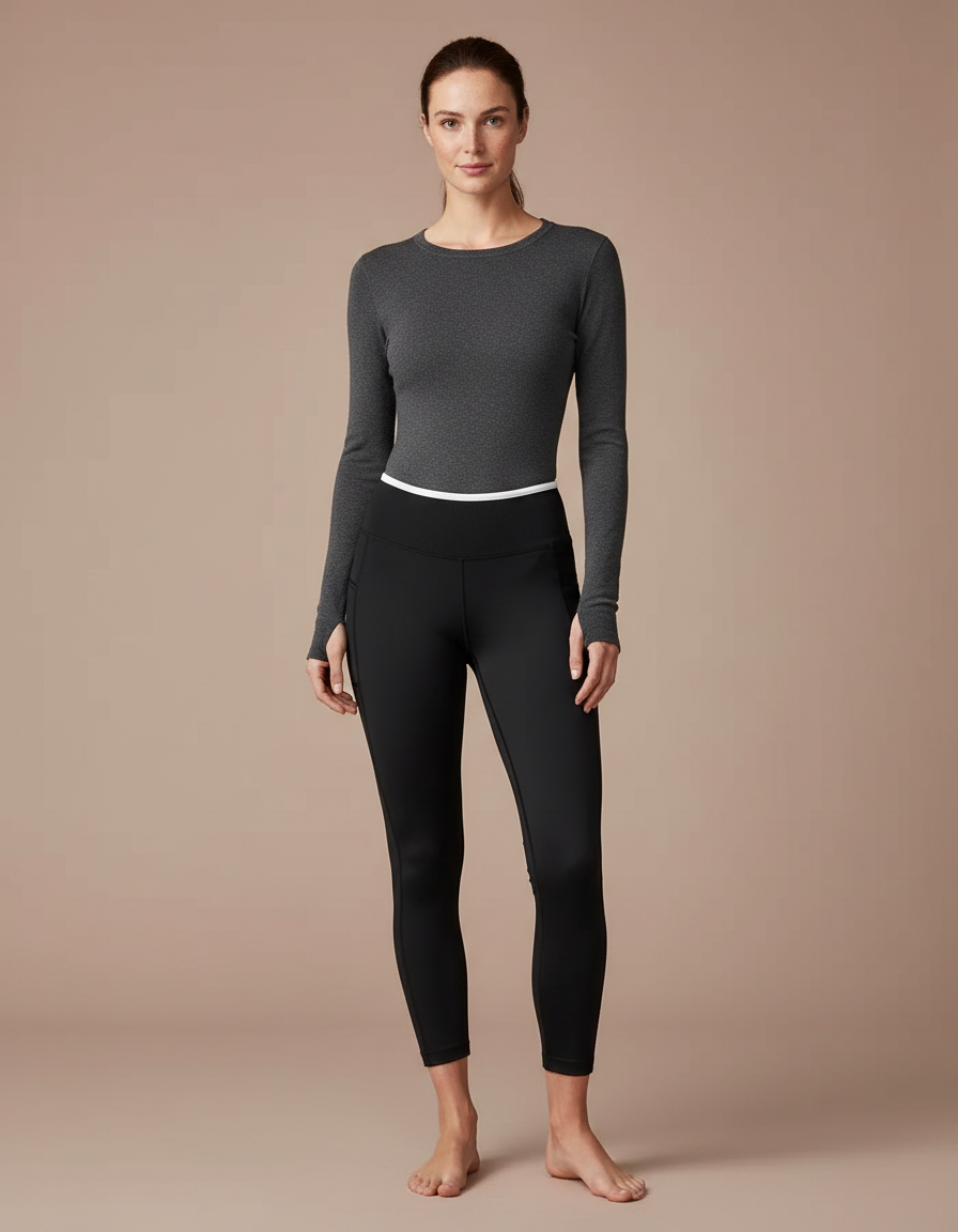 Pantalon Noir Legging Sport Yoga Gainant Court - Polyester