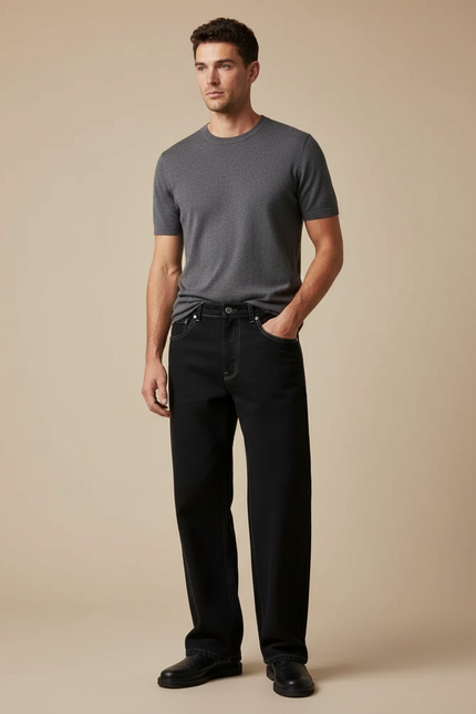 Pantalon Noir Large Décontracté Coton Simple Homme - Jean