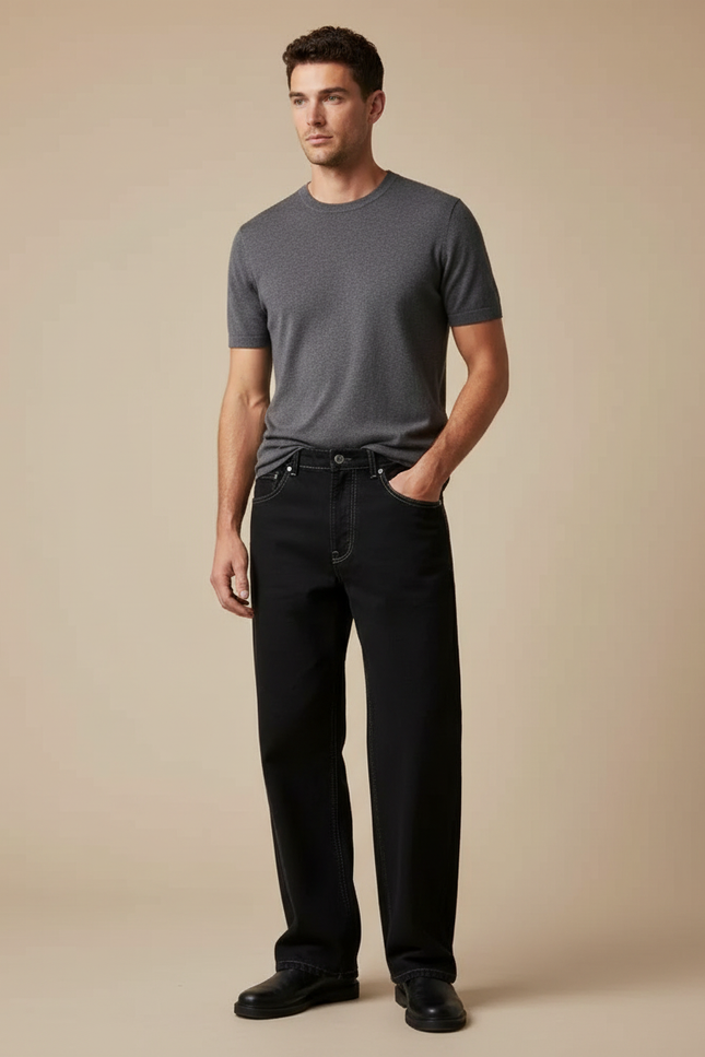 Pantalon Noir Large Décontracté Coton Simple Homme - Jean