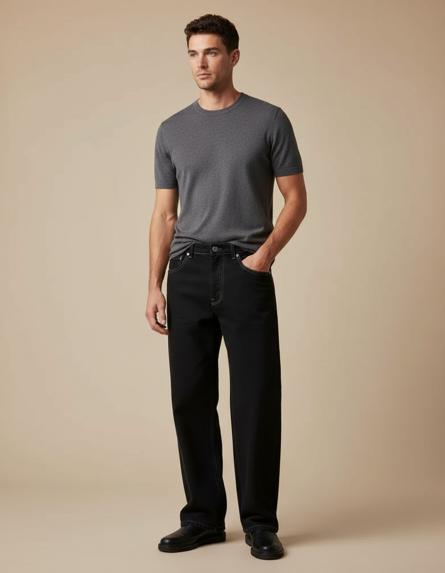 Pantalon Noir Large Décontracté Coton Simple Homme - Jean