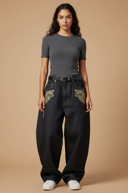 Pantalon Noir Ample Denim Brodé Vintage Femme - Jean