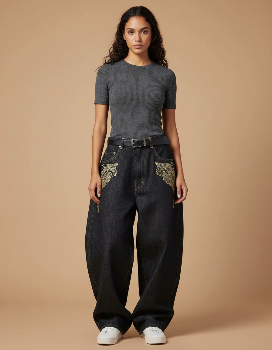 Pantalon Noir Ample Denim Brodé Vintage Femme - Jean