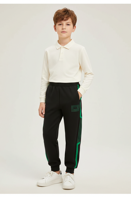 Pantalon Noir Sport Jogging Lignes Vertes Décontracté Enfant - Molleton