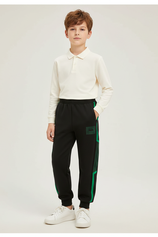 Pantalon Noir Sport Jogging Lignes Vertes Décontracté Enfant - Molleton