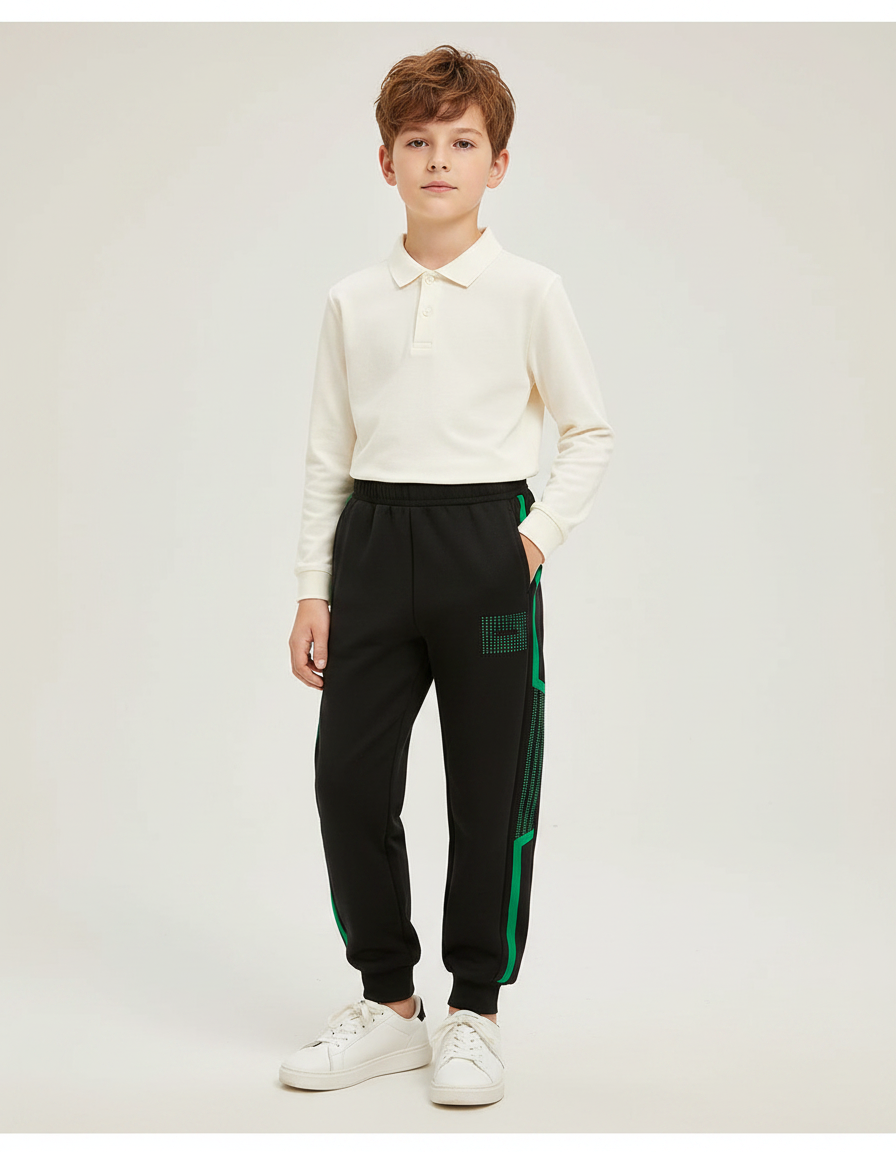 Pantalon Noir Sport Jogging Lignes Vertes Décontracté Enfant - Molleton