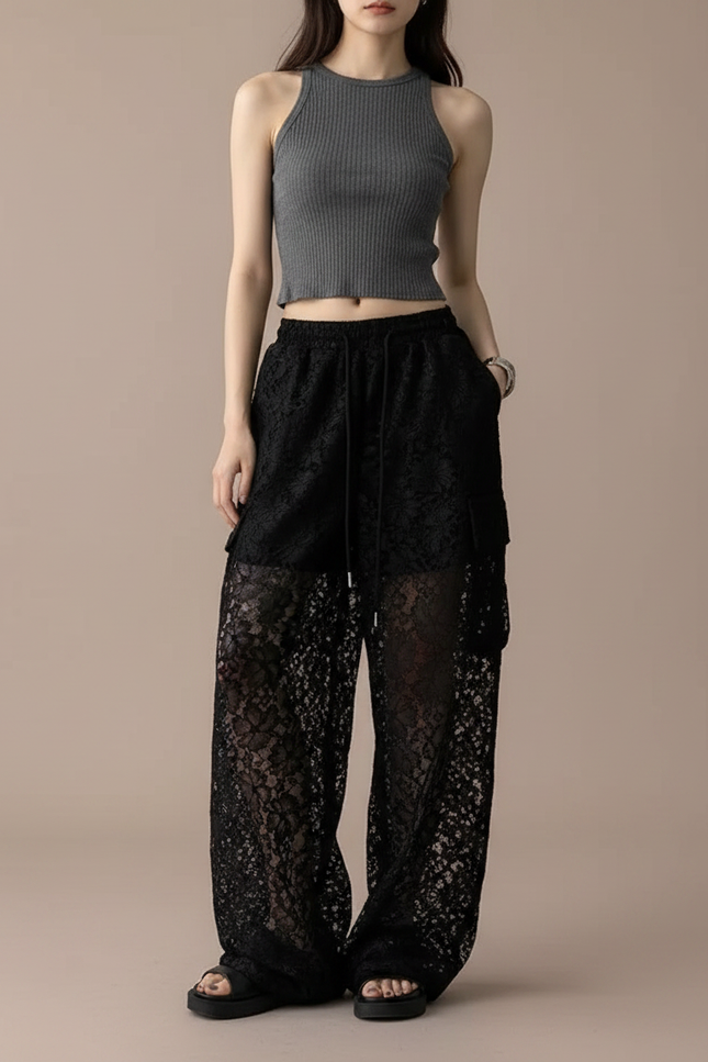 Pantalon Noir Dentelle Transparent Ample Femme - Polyester
