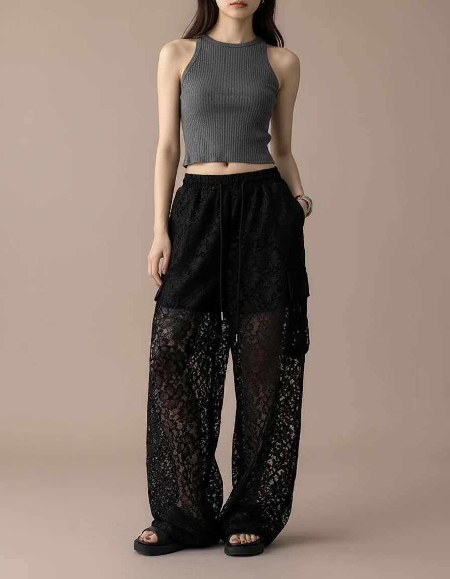 Pantalon Noir Dentelle Transparent Ample Femme - Polyester