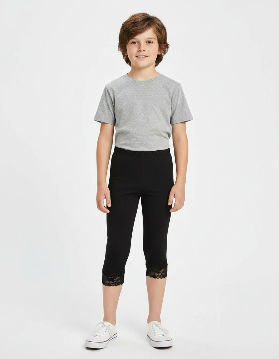 Pantalon Noir Capris Dentelle Enfant Coton