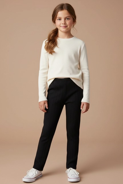 Pantalon Noir Côtelé Confortable Fille Slim - Maille