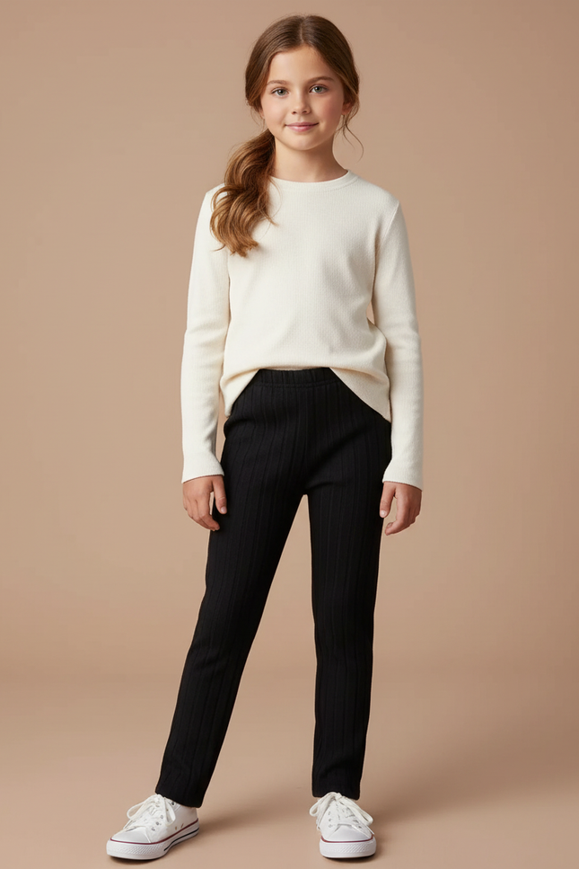 Pantalon Noir Côtelé Confortable Fille Slim - Maille