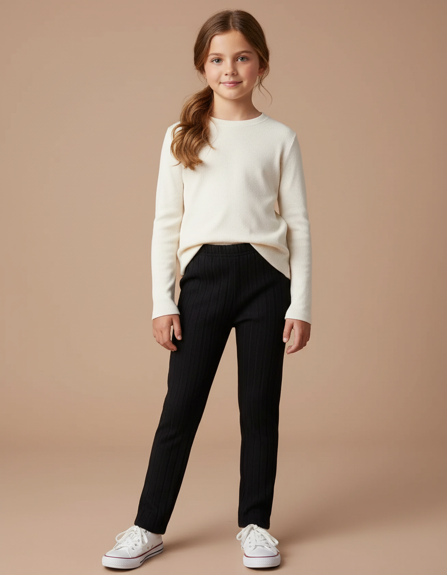 Pantalon Noir Côtelé Confortable Fille Slim - Maille