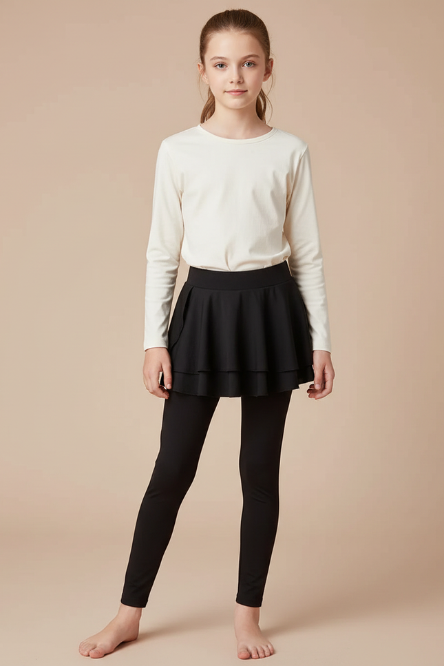 Pantalon Noir Legging Jupe Intégrée Fille Sportif - Polyester