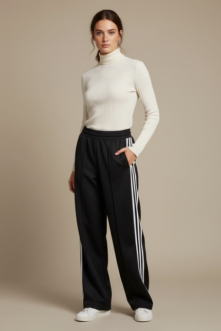 Pantalon Noir Large Rayures Blanches Décontracté Sportif - Polyester
