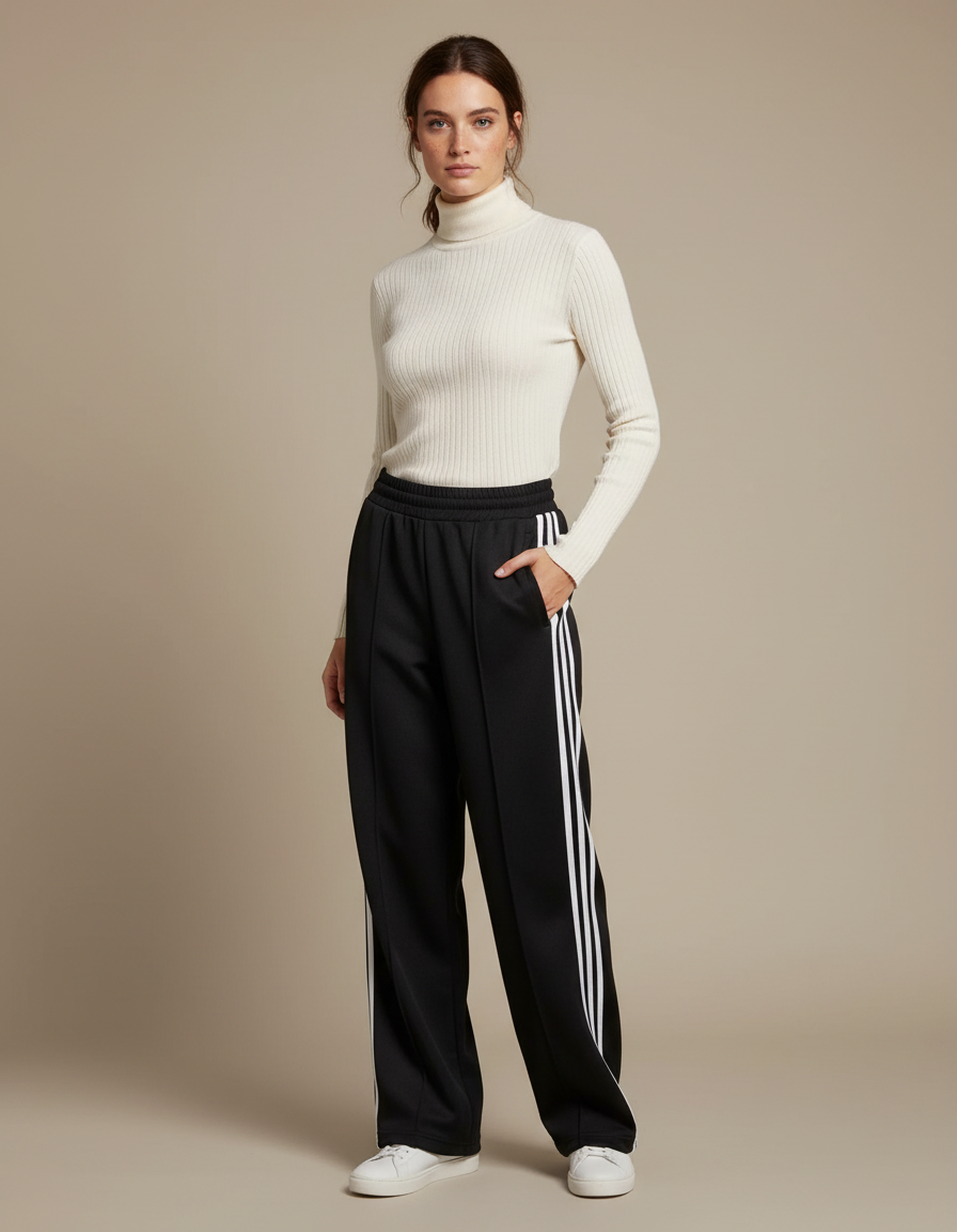Pantalon Noir Large Rayures Blanches Décontracté Sportif - Polyester