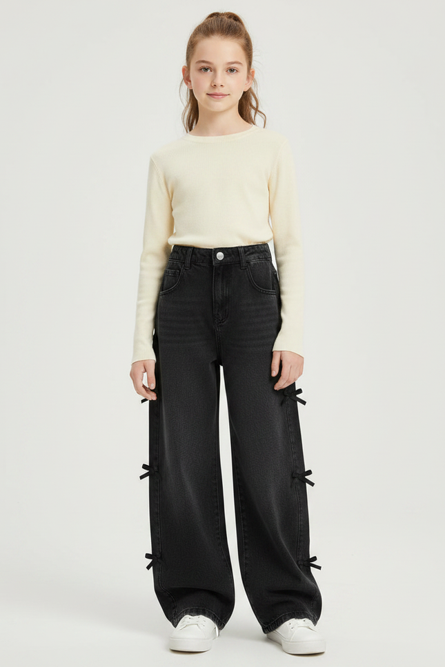 Pantalon Noir Large Denim Rubans Fille - Jean