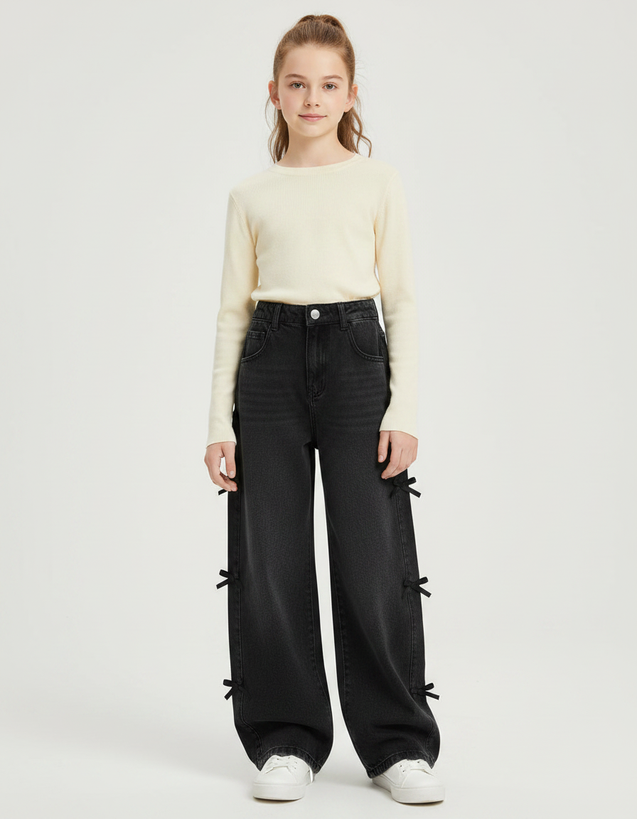Pantalon Noir Large Denim Rubans Fille - Jean