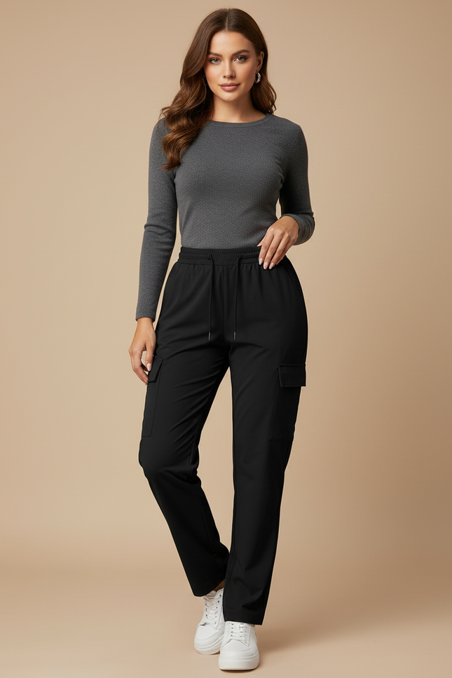 Pantalon Noir Cargo Ample Taille Haute Décontracté - Polyester