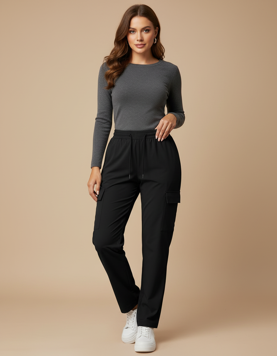 Pantalon Noir Cargo Ample Taille Haute Décontracté - Polyester