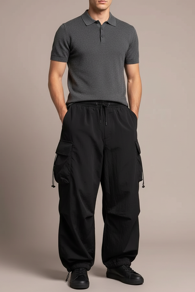 Pantalon Noir Cargo Ample Cordon Streetwear Homme - Polyester