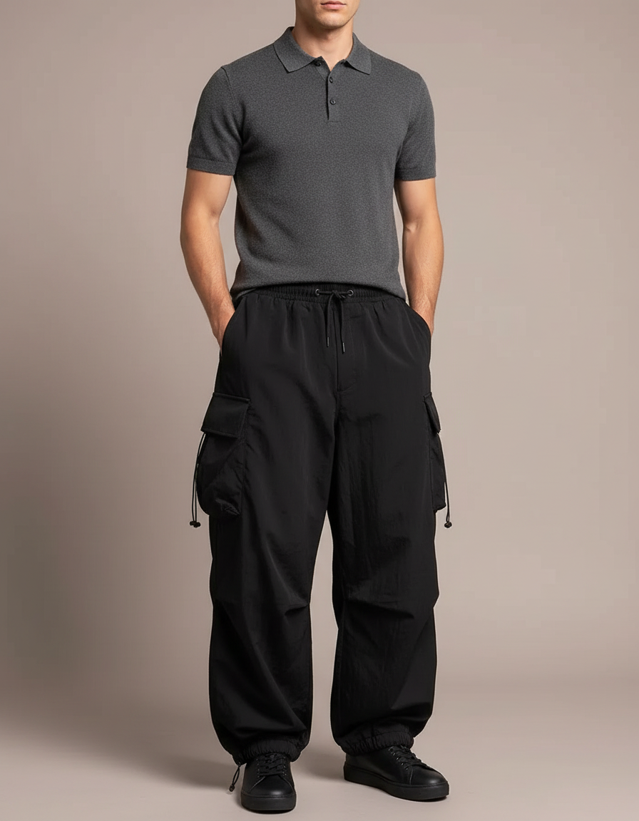 Pantalon Noir Cargo Ample Cordon Streetwear Homme - Polyester