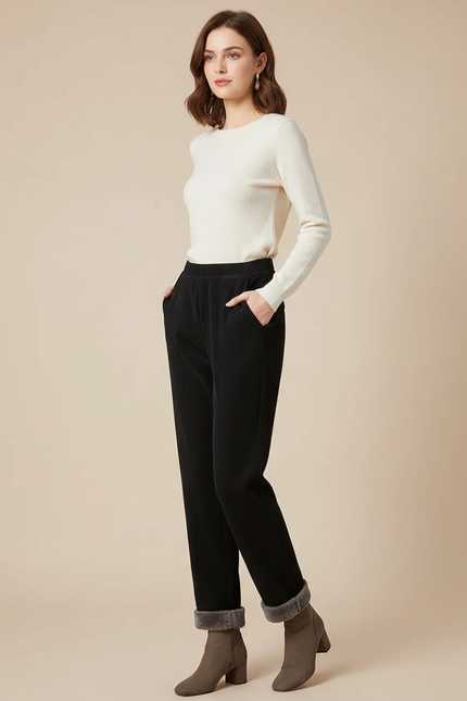 Pantalon Noir Côtelé Doublé Polaire Ample Femme - Cordé