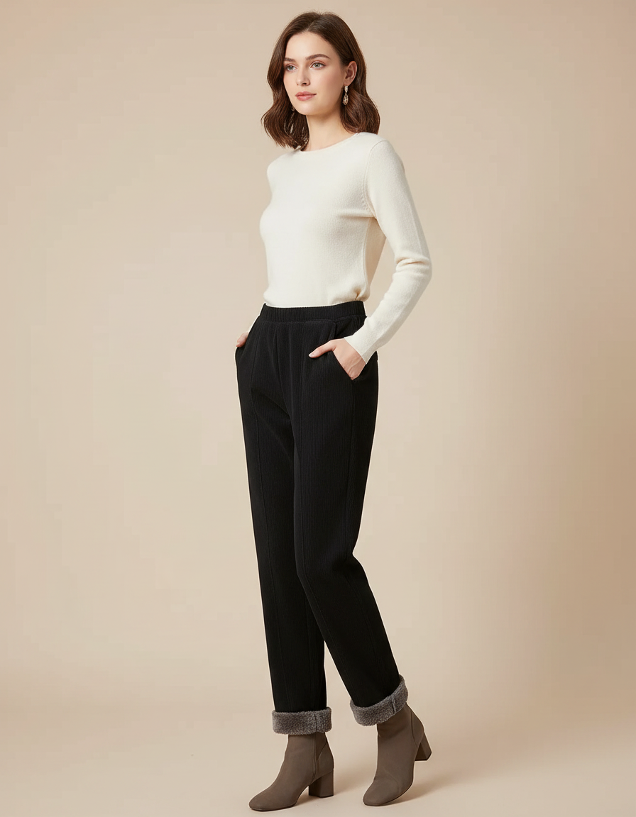 Pantalon Noir Côtelé Doublé Polaire Ample Femme - Cordé