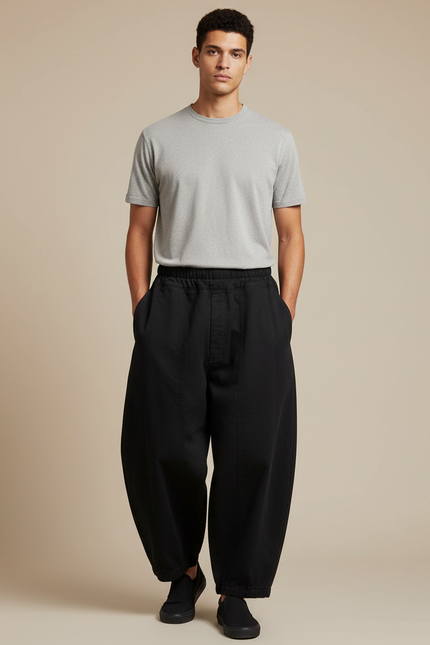 Pantalon Noir Ample Carotte Décontracté Homme - Toile