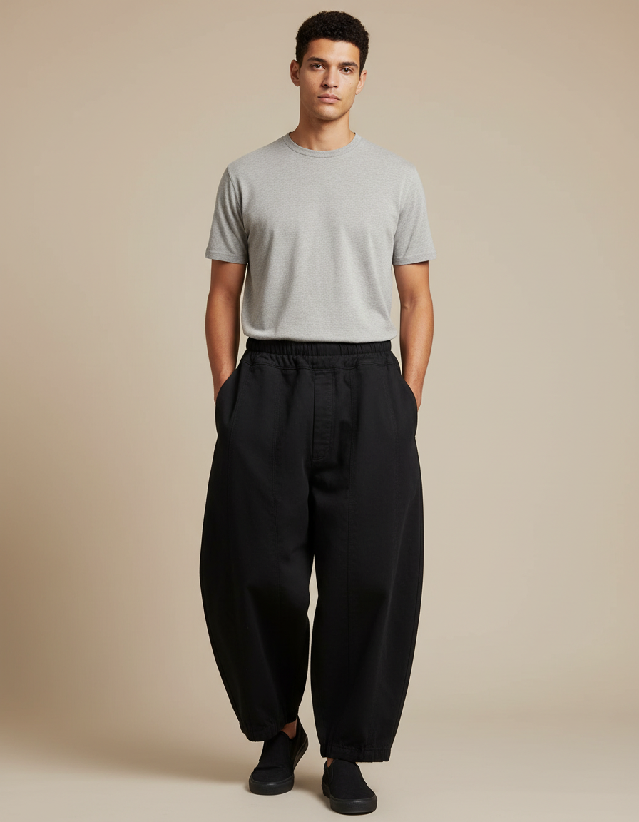 Pantalon Noir Ample Carotte Décontracté Homme - Toile