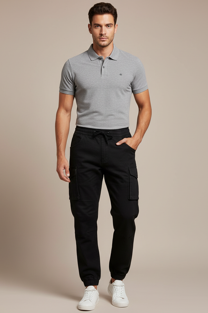 Pantalon Noir Cargo Homme Coton Décontracté Urbain