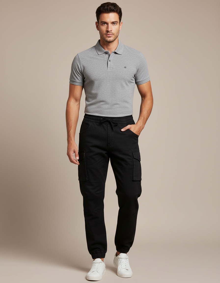 Pantalon Noir Cargo Homme Coton Décontracté Urbain