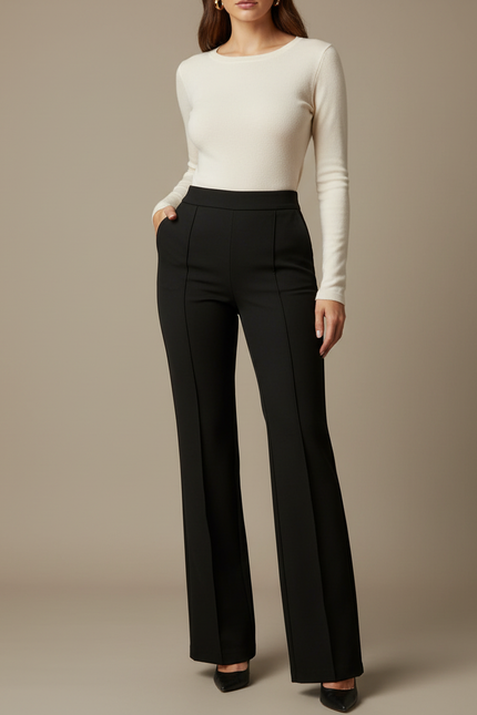 Pantalon Noir Évasé Élégant Taille Haute Femme - Polyester