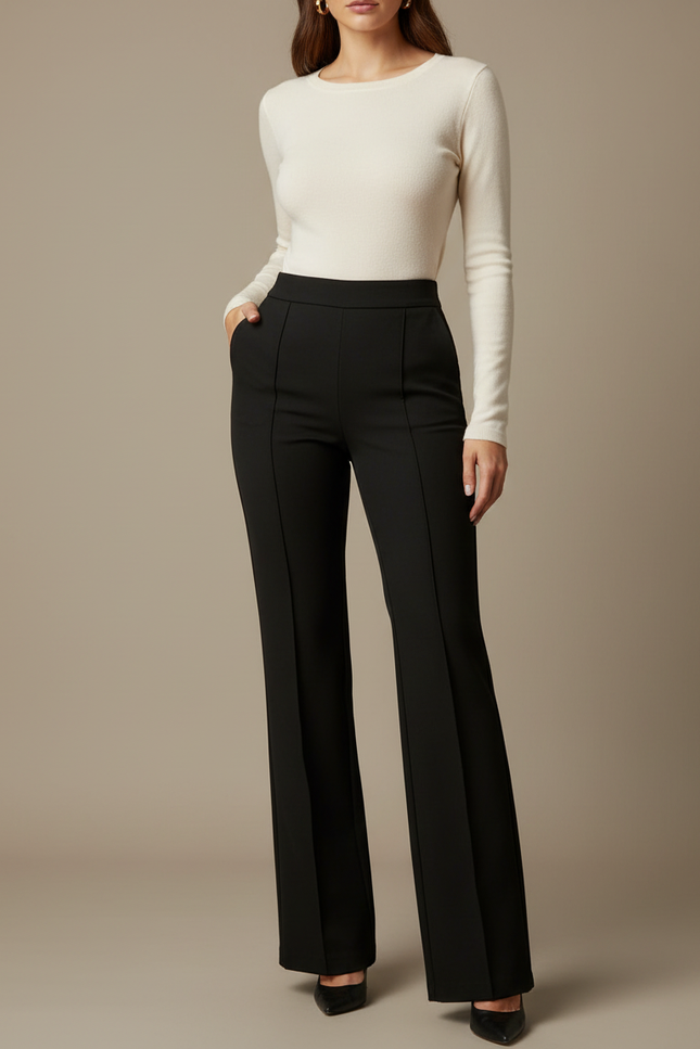 Pantalon Noir Évasé Élégant Taille Haute Femme - Polyester