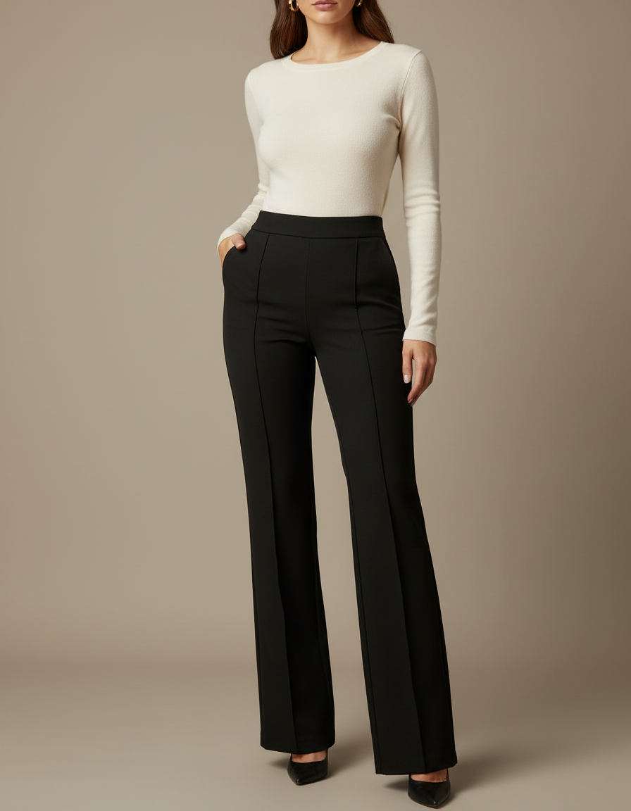 Pantalon Noir Évasé Élégant Taille Haute Femme - Polyester