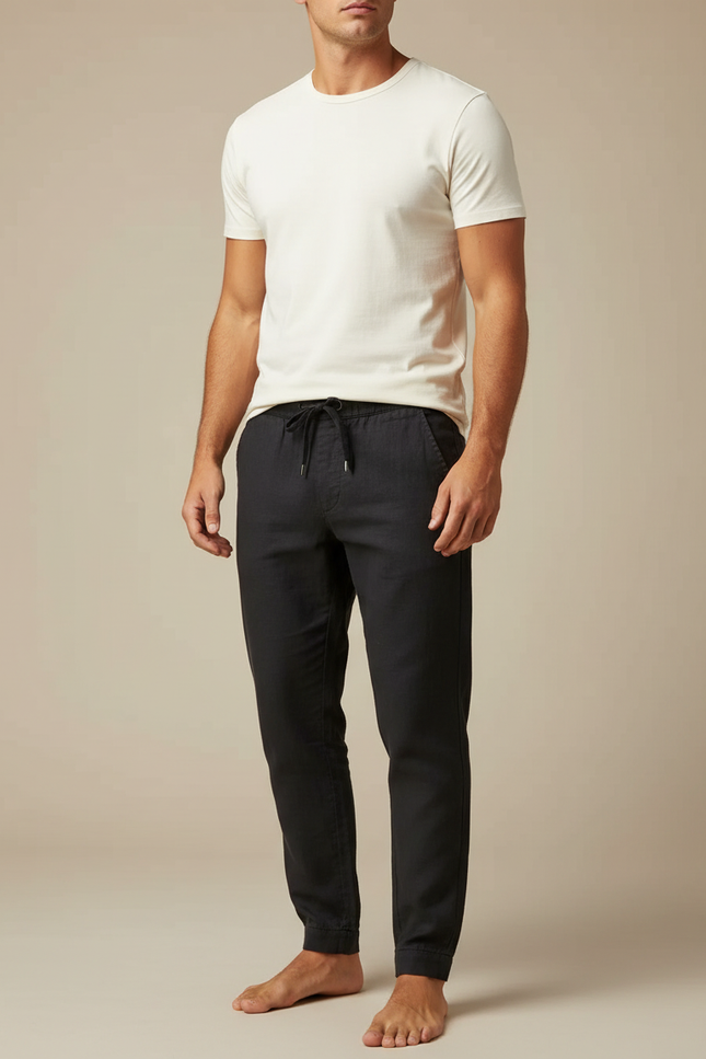 Pantalon Noir Coton Lin Jogger Décontracté