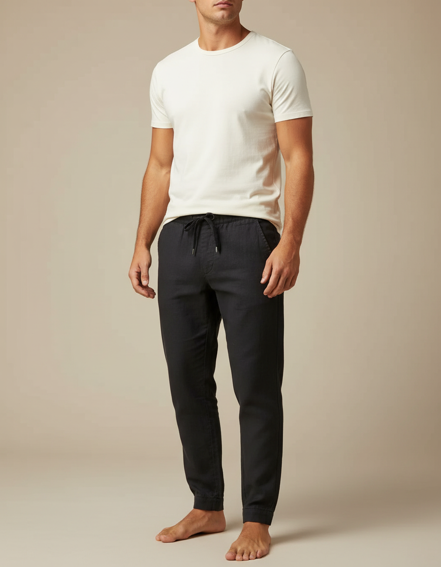 Pantalon Noir Coton Lin Jogger Décontracté